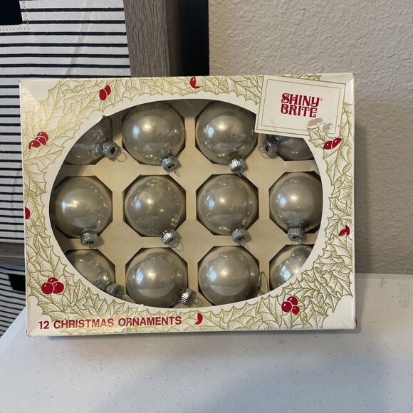 Vintage Shiny Brite 12 Silver Ball Christmas Ornaments Glass w/ Box 2-3/8" Round - Picture 1 of 12